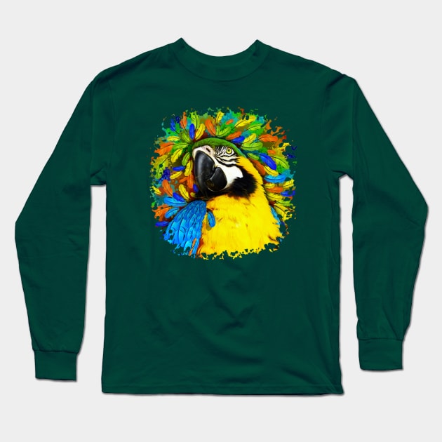 Gold and Blue Macaw Parrot Fantasy Long Sleeve T-Shirt by BluedarkArt